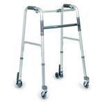DEAMBULATORE PIEGHEVOLE CON 2 RUOTE PIROETTANTI FRONTALI, 2 POSTERIORI AUTOBLOCCANTI - ALTEZZA REGOLABILE 85-103 cm - PORTATA MAX 130 kg - CON PULSANTE - IN ALLUMINIO 