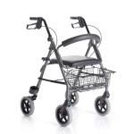 Rollator pieghevole in alluminio, 4 ruote Ø20 cm EVA, seduta imbottita 38×34 cm con schienale, cestino porta oggetti, freni a doppia funzione, impugnature anatomiche regolabili 80–93 cm, portata 136 kg, peso 8,4 kg
