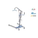 Sollevamalati elettrico, portata max 200 kg: apertura gambe a pedale con blocco di sicurezza, struttura in acciaio verniciato, 4 ruote piroettanti Ø10 cm (2 con freno), pulsante di stop di emergenza, telecomando.