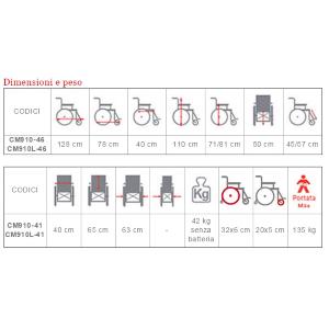 ESCAPE LX - CARROZZINA ELETTRICA (Seduta 46 cm) LEGGERA IN ALLUMINIO - SENZA LUCI - PORTATA MAX 135 kg - BRACCIOLI REGOLABILI, RIBALTABILI ED ESTRAIBILI - PEDANE REGOLABILI E RIBALTABILI