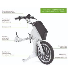 PROPULSORE ANTERIORE PER SEDIE A ROTELLE TIBODA - Bianco - Potenza motore 1000W - 48V 11.6Ah - Sistema automatico di ritorno delle sterzo - Cruise Control