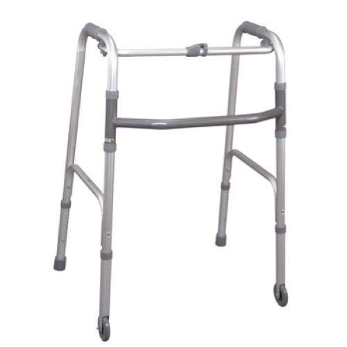 DEAMBULATORE PIEGHEVOLE - 2 PUNTALI E 2 RUOTE FISSE - ALTEZZA REGOLABILE 80-97,5 cm - PORTATA MAX 130 kg - MANOPOLE IMBOTTITE - CON PULSANTE - IN ALLUMINIO
