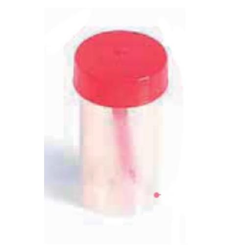 CONTENITORE STERILE PER FECI (60 ml) - CON SUPERFICIE DI SCRITTURA E TAPPO A VITE COMPLETO DI PALETTA - CONFEZIONATO SINGOLARMENTE E COMPLETO DI ASTUCCIO 