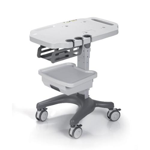 CARRELLO PER ECOGRAFI IN "ABS" SU RUOTE - Dimensioni: L:48,8 x P:70,6 x H:82,2÷92,2 cm - Design moderno ed innovativo. Cassetto portaoggetti. Vani portasonde.