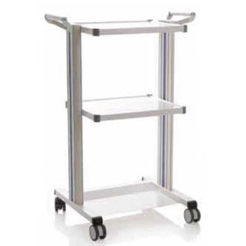 CARRELLO POLIFUNZIONALE (Misure 73 x 55 x H. 102 cm) 2 COLONNE IN ALLUMINIO (Bianche), 2 RIPIANI (40 x 50 cm) E MANIGLIE - ACCIAIO VERNICIATO - (Ruote anteriori di Ø 75 mm, ruote posteriori di Ø 75 mm con freno)