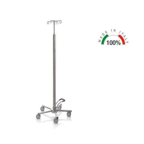 ASTA PORTAFLEBO IN ACCIAIO INOX ELEVABILE A PISTONE (Altezza regolabile da 154 a 255 cm)  4 GANCI- BASE A RAGGIERA CON ROTELLE - IDEALE PER SALA OPERATORIA