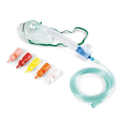 MASCHERA MORBIDA PER ADULTI A CONCENTRAZIONE VARIABILE CON SISTEMA VENTURI - Completa di 6 raccordi colorati e tubo di collegamento antischiacciamento