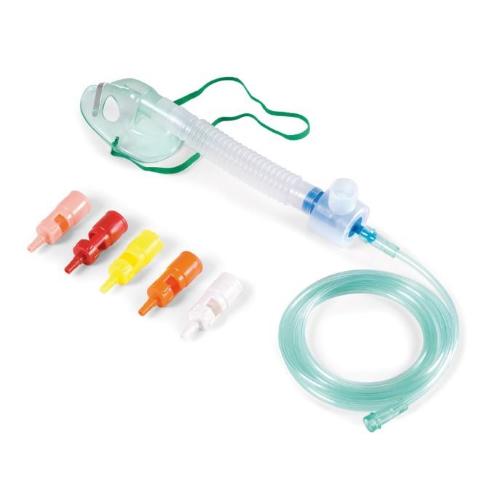 MASCHERA MORBIDA  PEDIATRICA A CONCENTRAZIONE VARIABILE CON SISTEMA VENTURI - Completa di 6 raccordi colorati e tubo di collegamento antischiacciamento