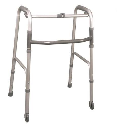 DEAMBULATORE PIEGHEVOLE - 2 PUNTALI E 2 RUOTE FISSE - ALTEZZA REGOLABILE 65-75 cm - PORTATA MAX 130 kg - MANOPOLE IMBOTTITE - CON PULSANTE - IN ALLUMINIO  