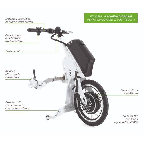 PROPULSORE ANTERIORE PER SEDIE A ROTELLE TIBODA - Colore Personalizzato - Potenza motore 300W - 36V 10,4Ah - Sistema automatico di ritorno delle sterzo - Cruise Control