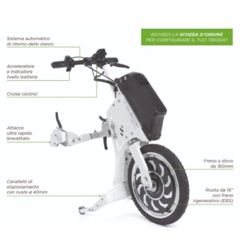 PROPULSORE ANTERIORE PER SEDIE A ROTELLE TIBODA - Bianco - Potenza motore 1000W - 48V 11.6Ah - Sistema automatico di ritorno delle sterzo - Cruise Control