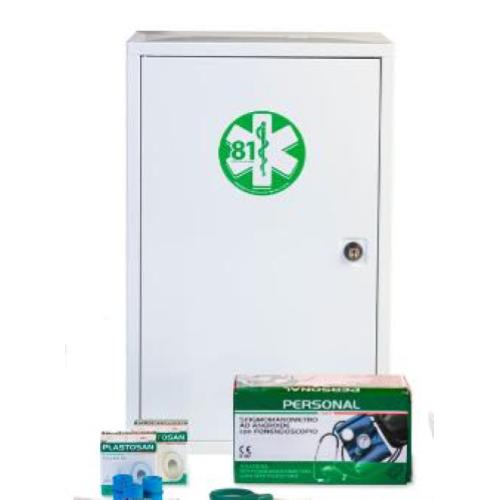 ARMADIETTO PRONTO SOCCORSO 102/M (VUOTO) (30 x 14 x h. 46 cm) (Per piu' di 3 persone) IN METALLO VERNICIATO BIANCO - 3 VANI E 2 RIPIANI INTERNI - SERRATURA CON CHIAVE