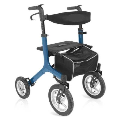 ROLLATOR PIEGHEVOLE IN ALLUMINIO VERNICIATO – COLORE AZZURRO - 4 RUOTE PNEUMATICHE - RUOTA ANTERIORE Ø 30 CM - SCHIENALE IMBOTTITO - BORSA PORTAOGGETTI - PORTABASTONE