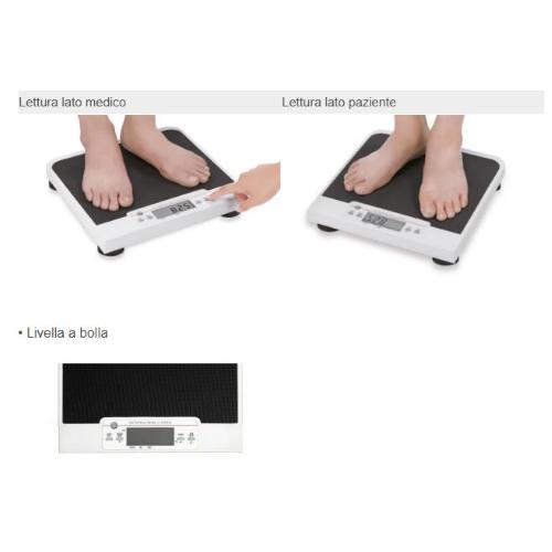 BILANCIA PESAPERSONE PORTATILE – Uso professionale – Display a doppia lettura - Portata max: 200 Kg - Base in alluminio verniciata, pedana antiscivolo - Tara, On, Off, 0, Invio dati, Hold, BMI, BSA - Alimentazione: 4 batterie (AA)