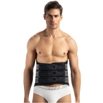 Corsetto lombo-sacrale alto, altezza 32 cm, taglia S, colore grigio scuro. Chiusura modulare brevettata a bloccaggio progressivo, 6 tiranti regolabili a velcro, tessuto traspirante in cotone.