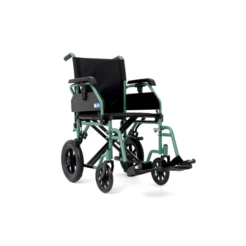Carrozzina pieghevole di transito, seduta 40 cm, colore verde, larghezza 53 cm: pieghevole di transito trasformabile ad autospinta, telaio a doppia crociera in acciaio verniciato, ruote posteriori diametro 30 cm con sgancio rapido.