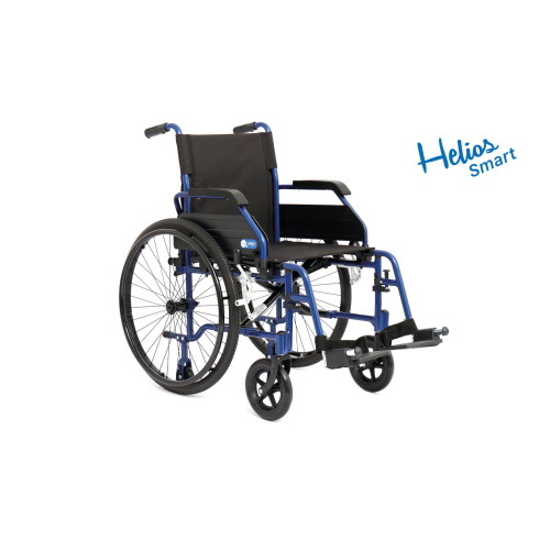 Carrozzina leggera pieghevole ad autospinta, seduta 43 cm, colore blu, larghezza 62 cm: leggero pieghevole ad autospinta, telaio in alluminio verniciato a crociera singola, ruotini per passaggi stretti/ascensore.