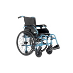 Carrozzina leggera ad autospinta, seduta 38 cm, colore blu, larghezza 56 cm: leggero pieghevole ad autospinta, telaio in alluminio a doppia crociera, ruote posteriori con sgancio rapido, braccioli regolabili in altezza, ruotini per passaggi stretti.