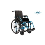 Carrozzina leggera pieghevole ad autospinta, seduta 38 cm, colore azzurro, larghezza 56 cm: leggero pieghevole ad autospinta, telaio in alluminio a doppia crociera, schienale tensionabile a 5 punti, braccioli elevabili, ruotini per passaggi stretti.