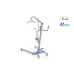 Sollevamalati idraulico, portata max 150 kg: apertura gambe a pedale con blocco di sicurezza, struttura in acciaio verniciato, 4 ruote piroettanti Ø10 cm (2 con freno), manopola regolazione velocità discesa.