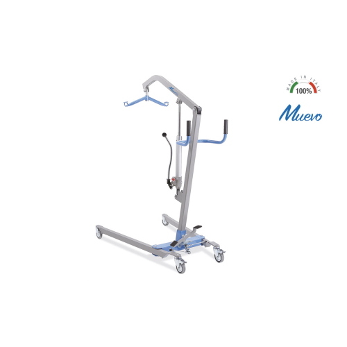 Sollevamalati idraulico, portata max 150 kg: apertura gambe a pedale con blocco di sicurezza, struttura in acciaio verniciato, 4 ruote piroettanti Ø10 cm (2 con freno), manopola regolazione velocità discesa.