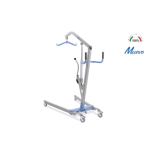 Sollevamalati idraulico, portata max 150 kg: apertura gambe a leva con blocco di sicurezza, struttura in acciaio verniciato, 4 ruote piroettanti Ø10 cm (2 con freno), manopola regolazione velocità discesa.