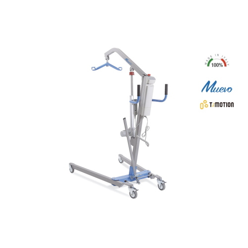 Sollevamalati elettrico, portata max 150 kg: apertura gambe a leva con blocco di sicurezza, struttura in acciaio verniciato, 4 ruote piroettanti Ø10 cm (2 con freno), pulsante di stop di emergenza, telecomando.