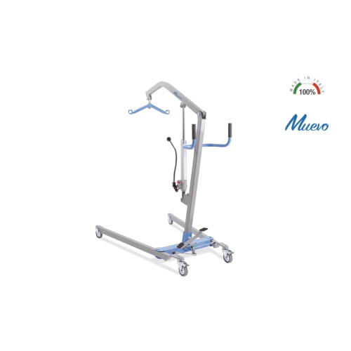 Sollevamalati idraulico, portata max 180 kg: apertura gambe a pedale con blocco di sicurezza, struttura in acciaio verniciato, 4 ruote piroettanti Ø10 cm (2 con freno), manopola regolazione velocità discesa.