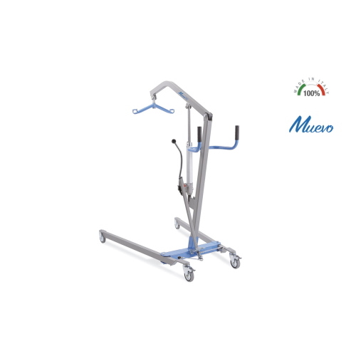 Sollevamalati idraulico, portata max 180 kg: apertura gambe a leva con blocco di sicurezza, struttura in acciaio verniciato, 4 ruote piroettanti Ø10 cm (2 con freno), manopola regolazione velocità discesa.