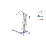Sollevamalati elettrico, portata max 200 kg: apertura gambe a leva con blocco di sicurezza, struttura in acciaio verniciato, 4 ruote piroettanti Ø10 cm (2 con freno), pulsante di stop di emergenza, telecomando.