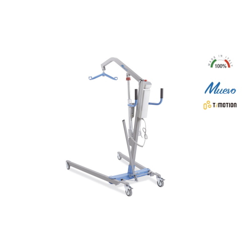 Sollevamalati elettrico, portata max 200 kg: apertura gambe a leva con blocco di sicurezza, struttura in acciaio verniciato, 4 ruote piroettanti Ø10 cm (2 con freno), pulsante di stop di emergenza, telecomando.