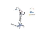 Sollevamalati elettrico, portata max 150 kg: apertura gambe a pedale con blocco di sicurezza, struttura in acciaio verniciato, 4 ruote piroettanti Ø10 cm (2 con freno), pulsante di stop di emergenza, telecomando.
