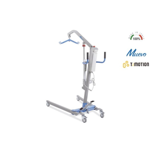 Sollevamalati elettrico, portata max 150 kg: apertura gambe a pedale con blocco di sicurezza, struttura in acciaio verniciato, 4 ruote piroettanti Ø10 cm (2 con freno), pulsante di stop di emergenza, telecomando.