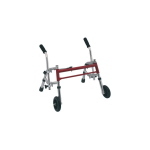 Deambulatore pieghevole per bambini con 2 ruote anteriori e 2 puntali posteriori, alluminio anodizzato, chiusura rapida a due pulsanti. Regolabile in altezza, portata max 60 kg.