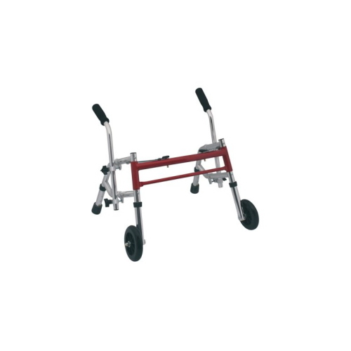Deambulatore pieghevole per bambini con 2 ruote anteriori e 2 puntali posteriori, alluminio anodizzato, chiusura rapida a due pulsanti. Regolabile in altezza, portata max 60 kg.