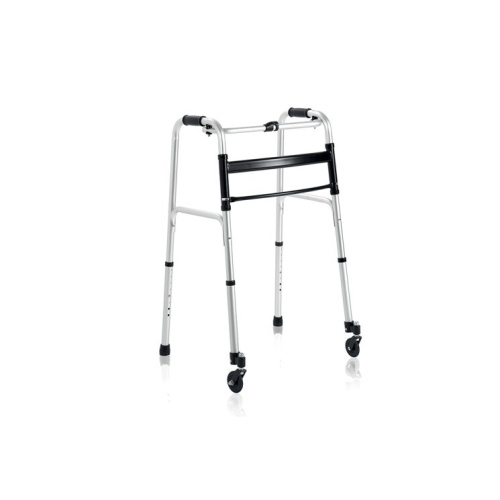 Deambulatore pieghevole ruote anteriori piroettanti Ø7,6 cm, alluminio anodizzato. Portata max 130 kg.