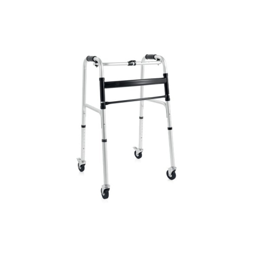 Deambulatore pieghevole 4 ruote piroettanti Ø7,6 cm, 2 con freno, alluminio anodizzato. Portata max 130 kg.