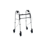 Deambulatore pieghevole 2 ruote piroettanti e 2 ruote fisse con freno Ø12,7 cm, alluminio anodizzato. Portata max 130 kg.