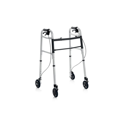 Deambulatore pieghevole 2 ruote piroettanti e 2 ruote fisse con freno Ø12,7 cm, alluminio anodizzato. Portata max 130 kg.