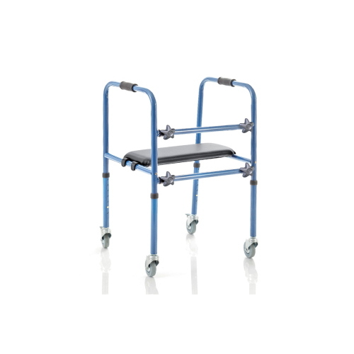 Deambulatore smontabile con sedile e ruote, alluminio anodizzato. Portata max 130 kg.