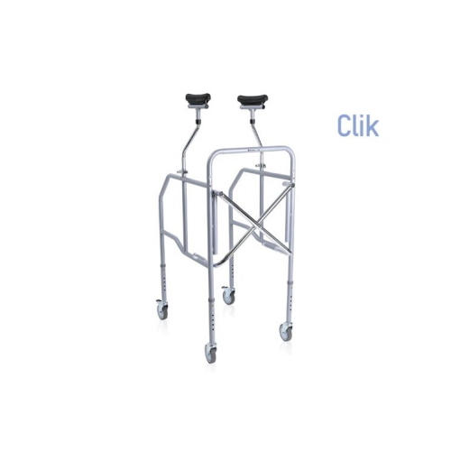 Deambulatore pieghevole con appoggio sottoascellare in acciaio verniciato, gambe regolabili in altezza 0-12,5 cm, 4 ruote piroettanti (2 con freno). Portata max 130 kg.