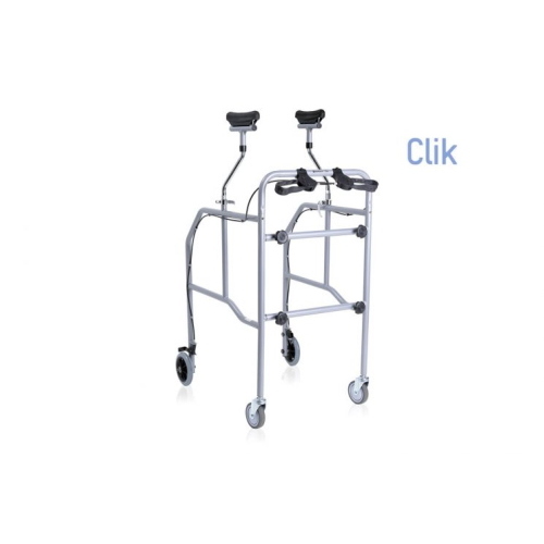 Deambulatore smontabile con appoggio sottoascellare in acciaio verniciato, con freni su ruote posteriori Ø 15,5 cm. Appoggi imbottiti regolabili. Portata max 130 kg.
