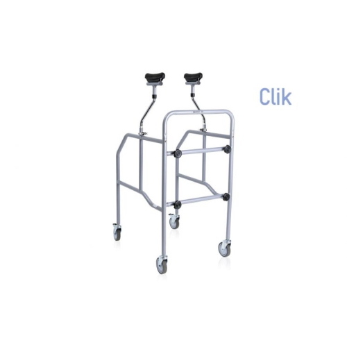 Deambulatore smontabile con appoggio sottoascellare in acciaio verniciato, 4 ruote piroettanti Ø 10 cm (2 con freno). Appoggi imbottiti regolabili. Portata max 130 kg.