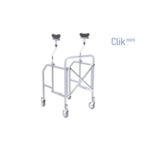 Deambulatore pieghevole con appoggio sottoascellare in acciaio verniciato, ingombro ridotto (Click mini). 4 ruote piroettanti Ø 10 cm (2 con freno). Portata max 130 kg.