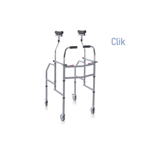 Deambulatore pieghevole con appoggio sottoascellare e impugnature anatomiche, gambe regolabili in altezza 0-12,5 cm. 4 ruote piroettanti Ø 10 cm (2 con freno). Portata max 130 kg.
