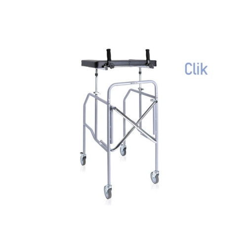 Deambulatore pieghevole con appoggio antibrachiale a tavolo in acciaio verniciato. 4 ruote piroettanti Ø 10 cm (2 con freno). Portata max 130 kg.