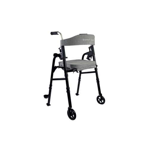 Rollator pieghevole LUNA, struttura in acciaio, gambe e maniglia spinta in alluminio, seduta ribaltabile imbottita 35x40 cm, schienale, portabastone e portabottiglia. Portata max 136 kg.