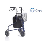 Rollator pieghevole Cryo, 3 ruote (1 anteriore piroettante, 2 posteriori fisse) con freni a doppia funzione, cestino, vassoio e borsa. Portata max 136 kg.