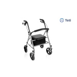 Rollator pieghevole TETI colore argento, schienale imbottito ribaltabile ed estraibile, seduta imbottita, freno di stazionamento. Portata max 136 kg.