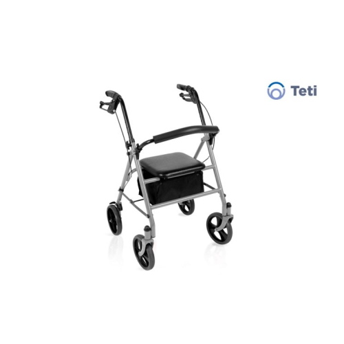 Rollator pieghevole TETI colore argento, schienale imbottito ribaltabile ed estraibile, seduta imbottita, freno di stazionamento. Portata max 136 kg.